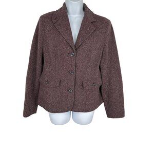L.L. Bean Herringbone Tweed Blazer Jacket Size L Burgundy Button Front